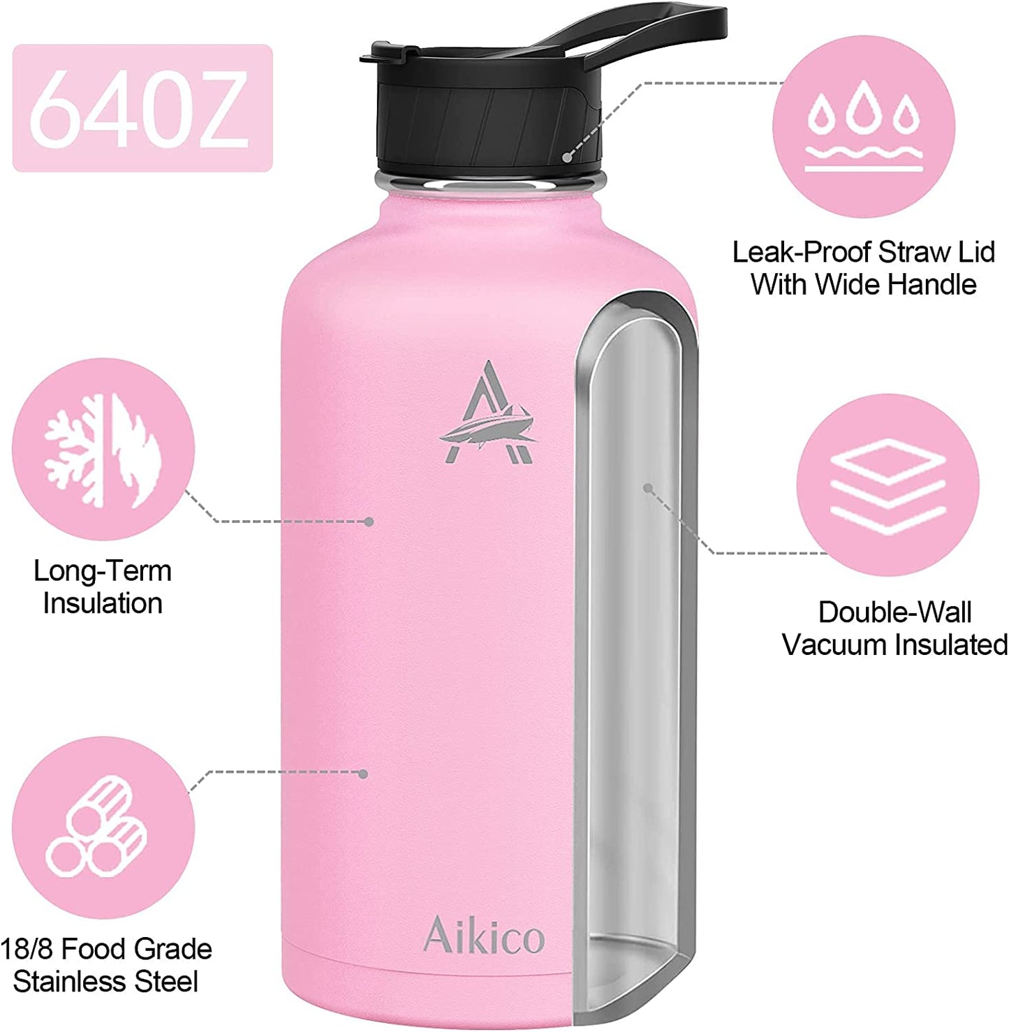 Stainless steel water bottle with 3 lids, 64oz (Light Pink)