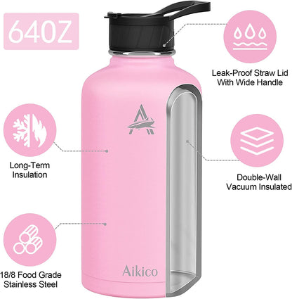 Stainless steel water bottle with 3 lids, 64oz (Light Pink)