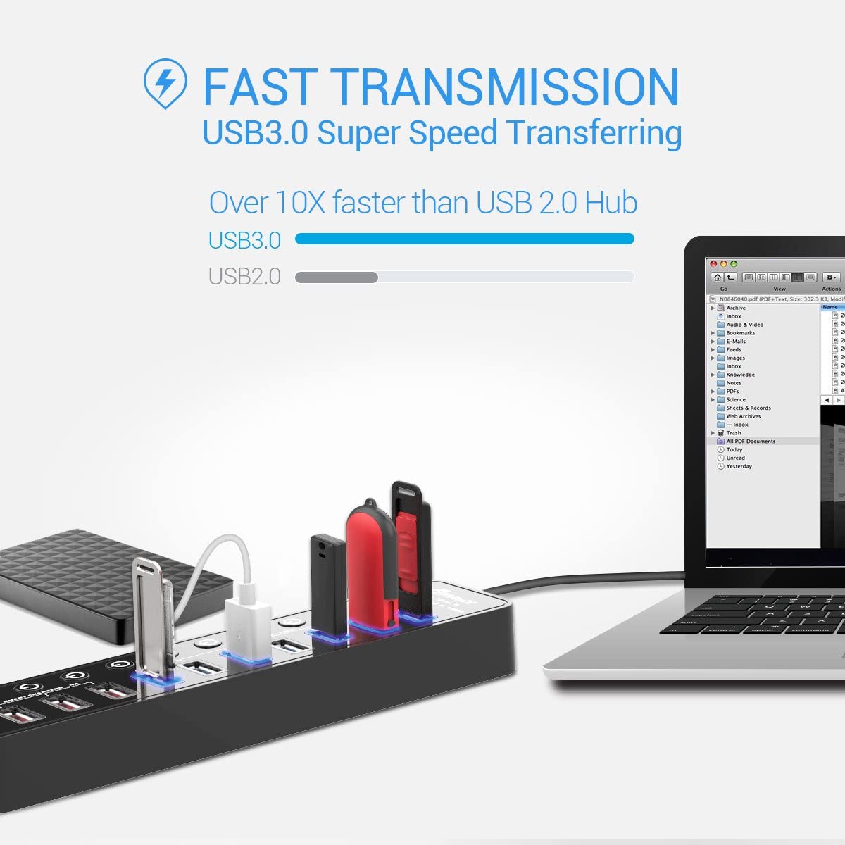 Powered USB 3.0 Hub, 11 Ports USB Hub Splitter