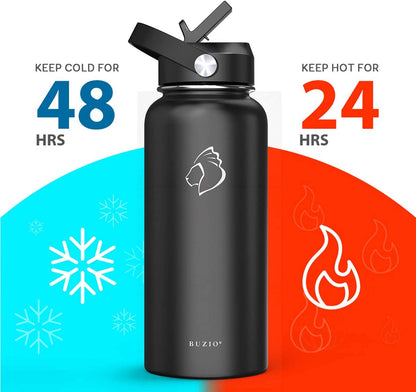 Sports Water Bottle, 32oz, Stainless Steel (Midnight Black)