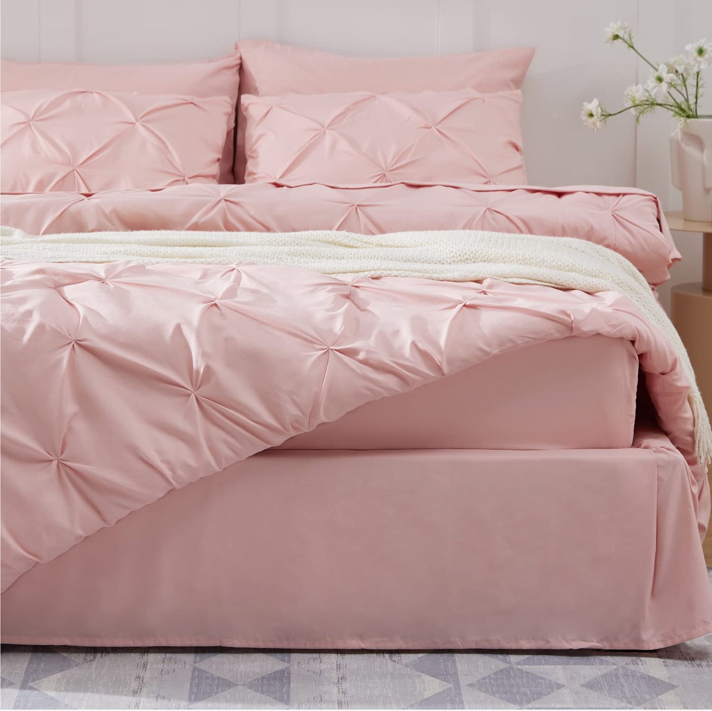 8 Pieces Pintuck Pink Bed Set Queen