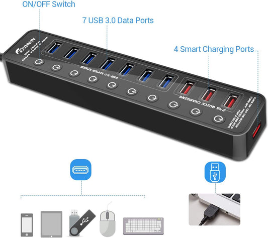 Powered USB 3.0 Hub, 11 Ports USB Hub Splitter