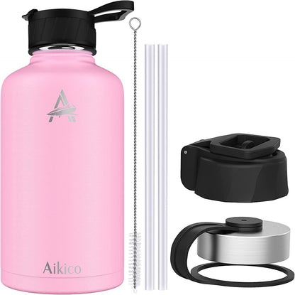 Stainless steel water bottle with 3 lids, 64oz (Light Pink)