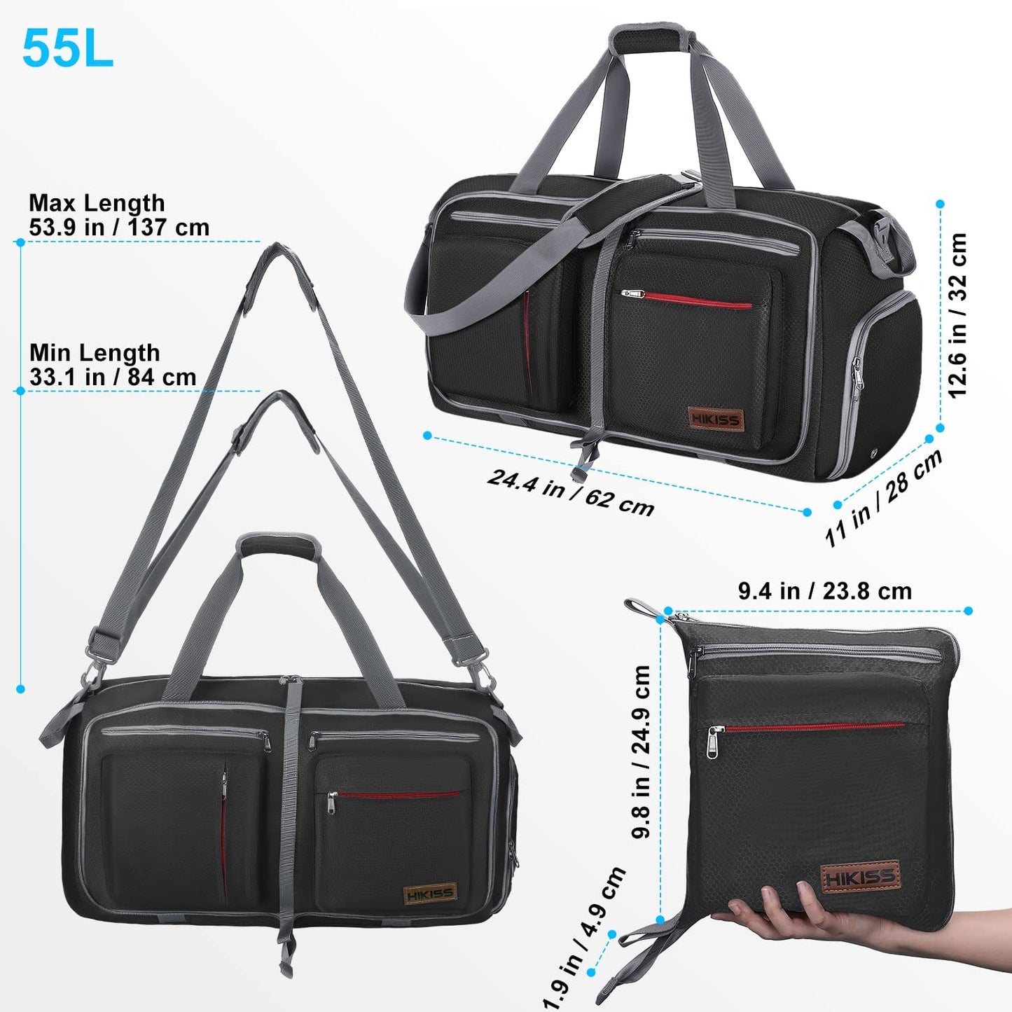 Gym Duffle Bag Waterproof Foldable, 55L Ligth Black