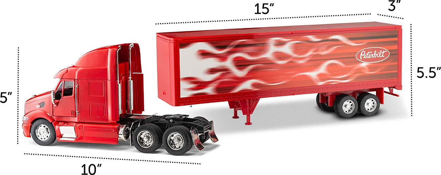 Toy, interactive tractor with trailer, (red with flames)