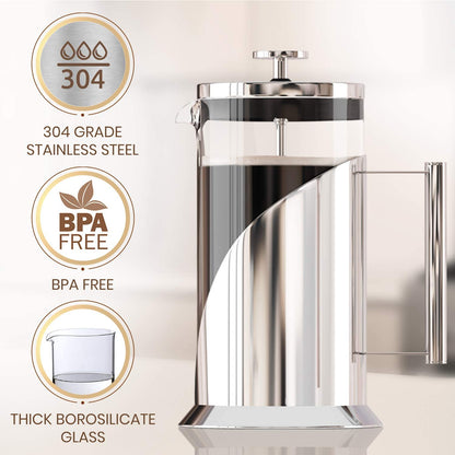 Coffee Maker - Heat Resistant Borosilicate Stainless Steel Coffee Press with 4 Level Filter