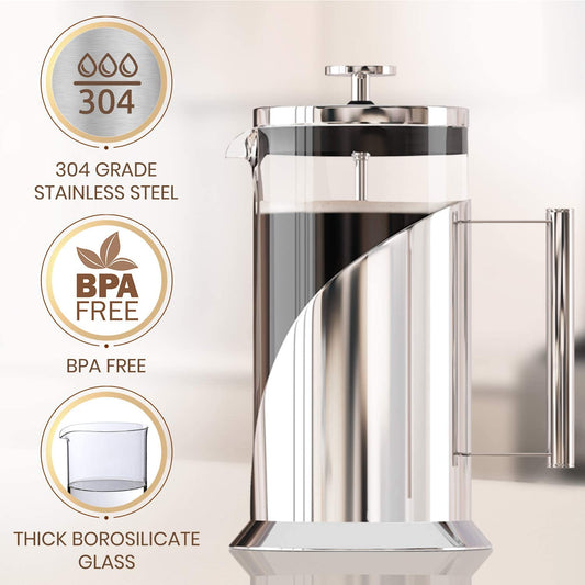 Coffee Maker - Heat Resistant Borosilicate Stainless Steel Coffee Press with 4 Level Filter