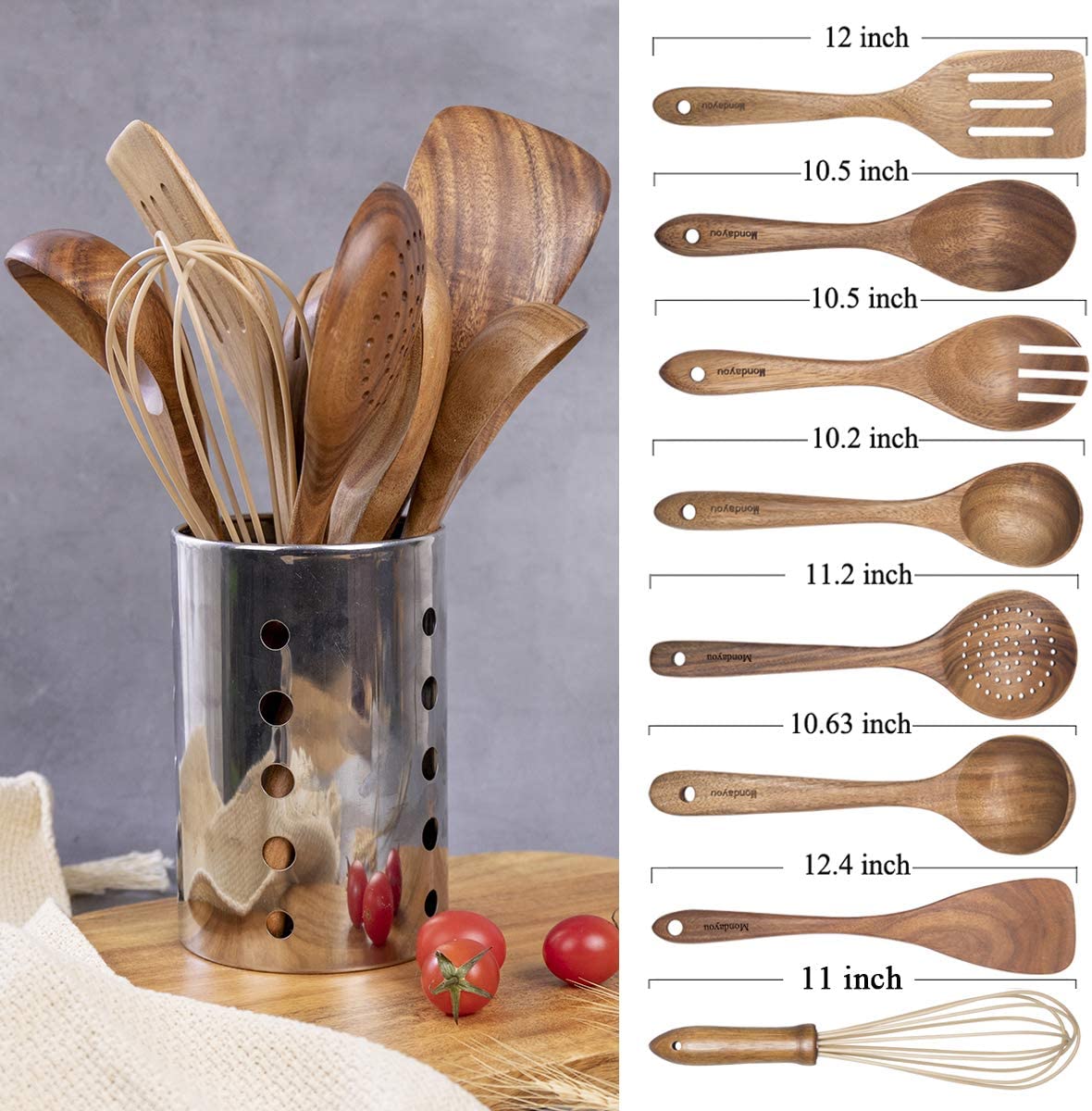 9 pack of assorted wooden kitchen utensils