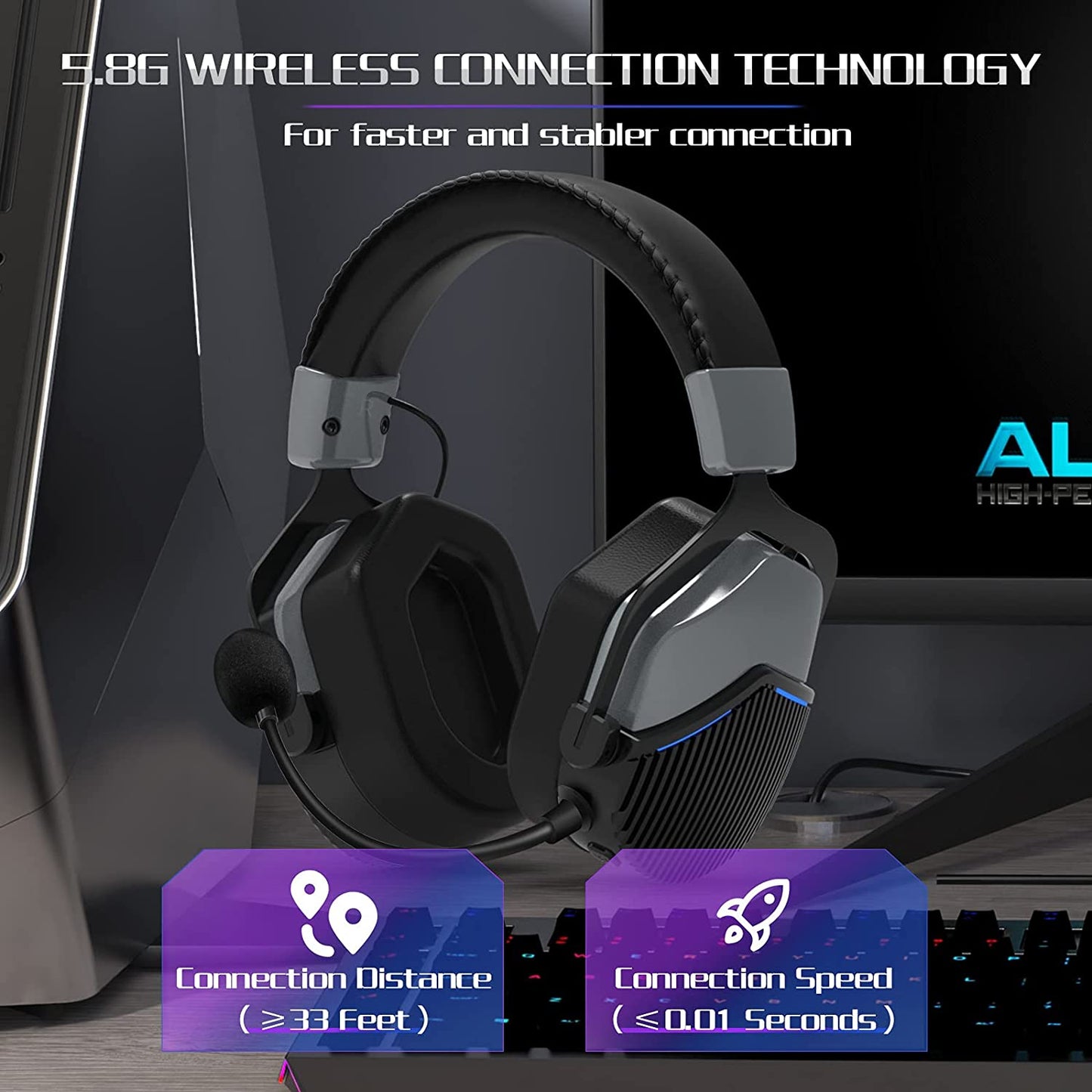 5.8G wireless gaming headset, with air cushions, blue accents