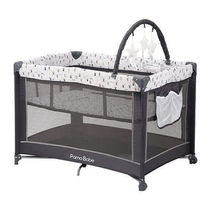 Sturdy Crib with Mattress and Toy Bar with Stuffed Animals (Gray)