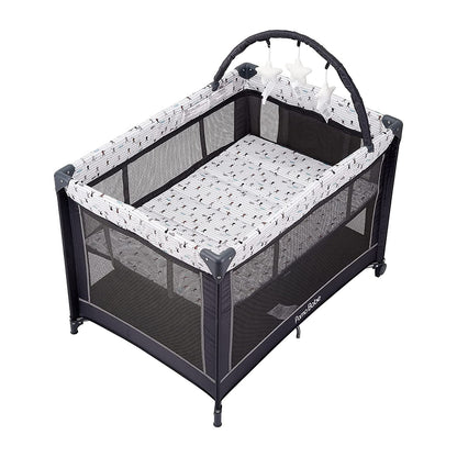 Sturdy Crib with Mattress and Toy Bar with Stuffed Animals (Gray)