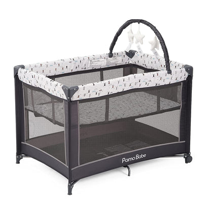 Sturdy Crib with Mattress and Toy Bar with Stuffed Animals (Gray)