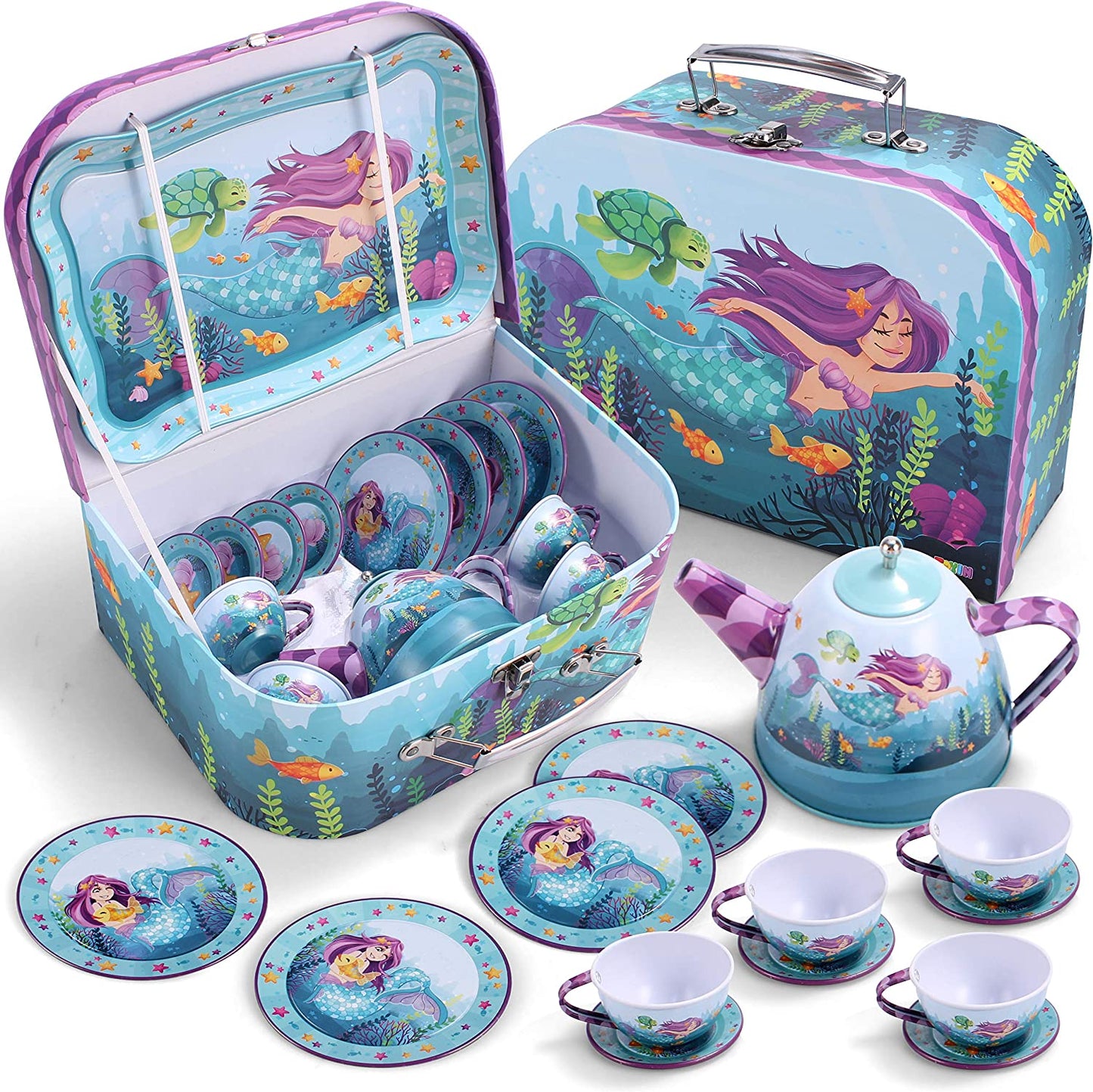 15 Piece Mermaid Under The Sea Tin Teapot Set for Girls
